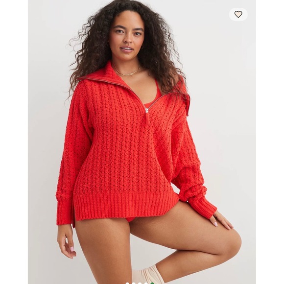 Aerie Red Cable Car Quarter Zip Sweater Medium - Picture 2 of 9